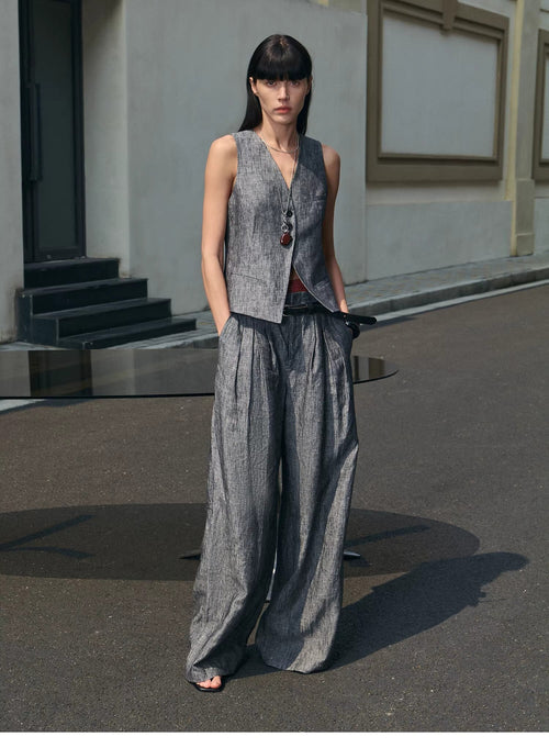 "Old Money Space" Linen draped vest and straight trousers suit-0