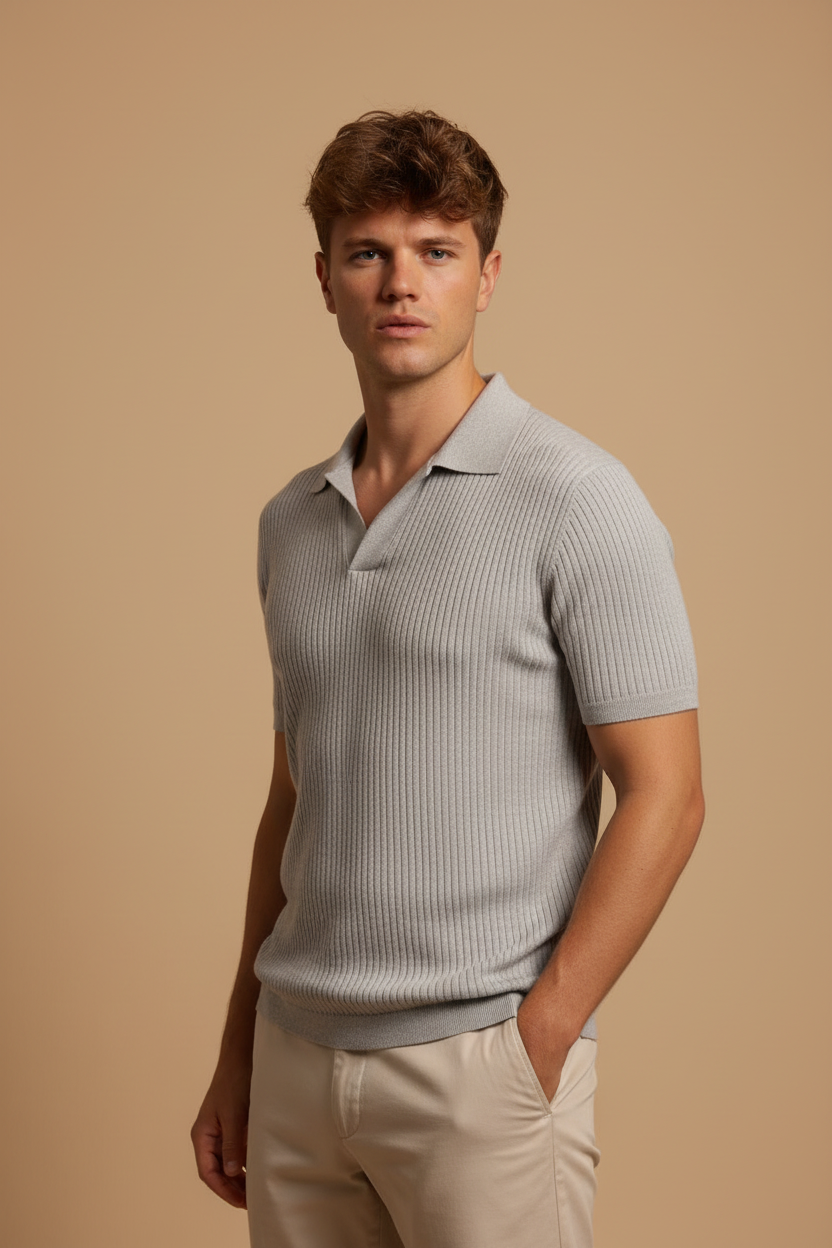 Grey Ribbed Knit Polo